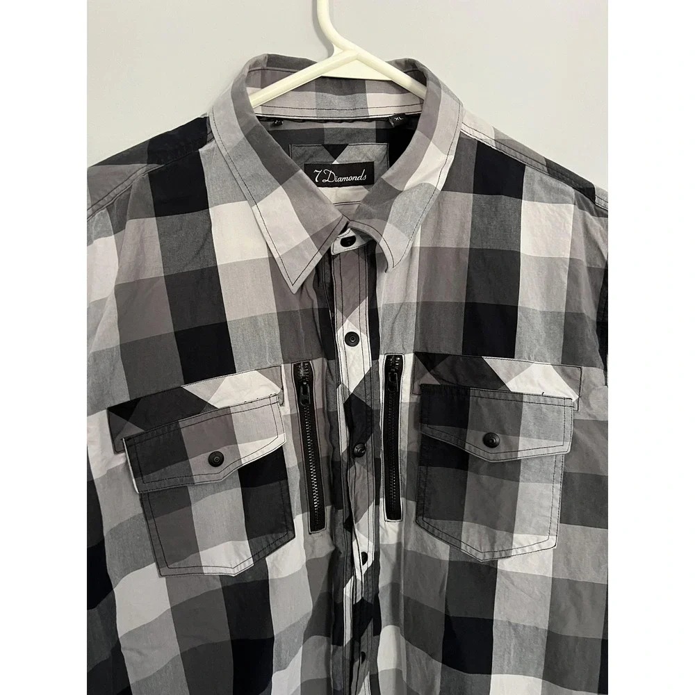 7 Diamonds Shirt Mens XL Black Gray White Plaid Button Down Embroidered Pockets - Picture 2 of 15